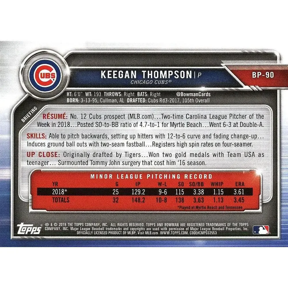 2019 Bowman Prospects Keegan Thompson #BP-90 Chicago Cubs